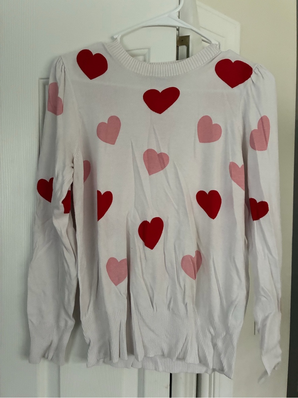 White Heart Print Sweater with Pink and Red Hearts
